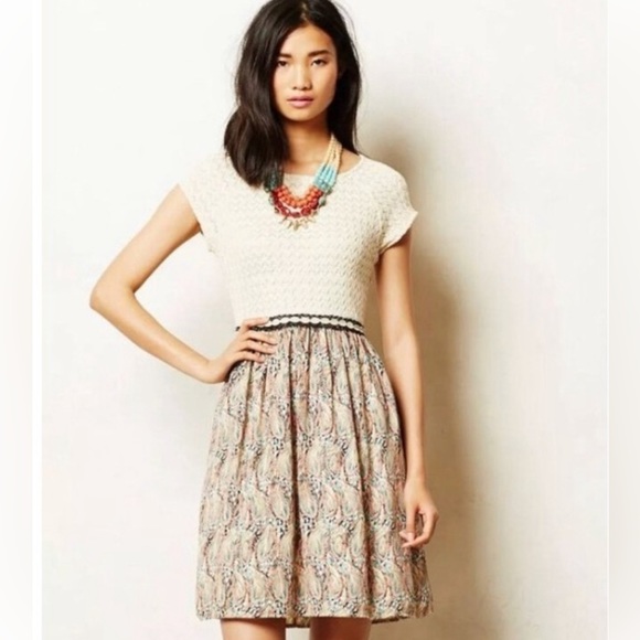 Anthropologie Dresses & Skirts - Anthropologie Weston Dress Cream Woven Bodice, Design Skirt A Line Size Medium